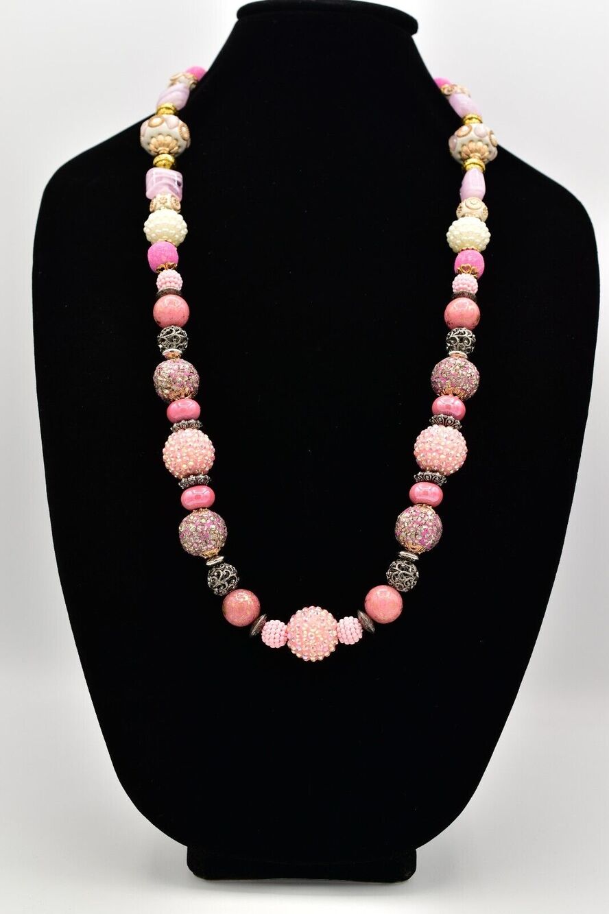 Vintage Wedding Cake Necklace Pink White Glass Beads Crystal Heavy Antique BinBC